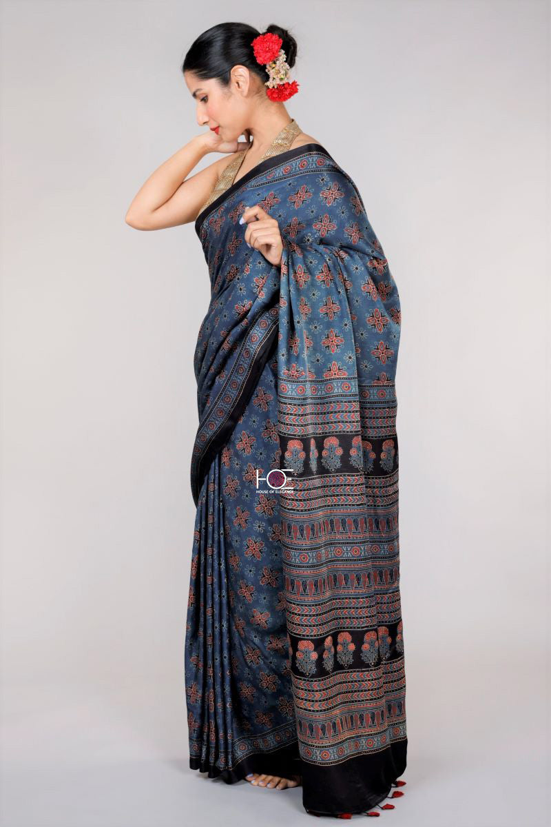 Shady Indigo Choufal Spread / Gajji Silk | Ajrakh Saree - Handcrafted Home decor and Lifestyle Products