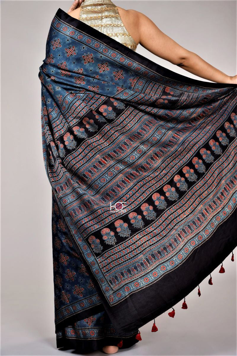 Shady Indigo Choufal Spread / Gajji Silk | Ajrakh Saree - Handcrafted Home decor and Lifestyle Products