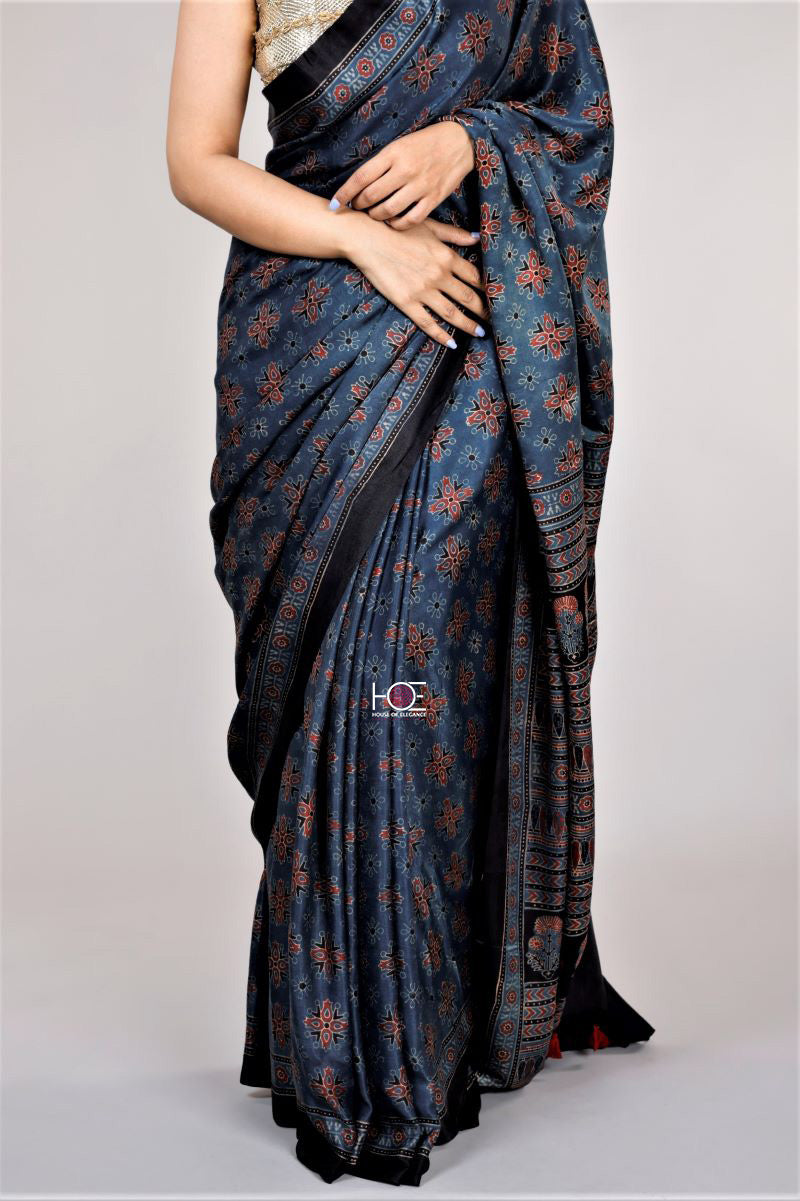 Shady Indigo Choufal Spread / Gajji Silk | Ajrakh Saree - Handcrafted Home decor and Lifestyle Products