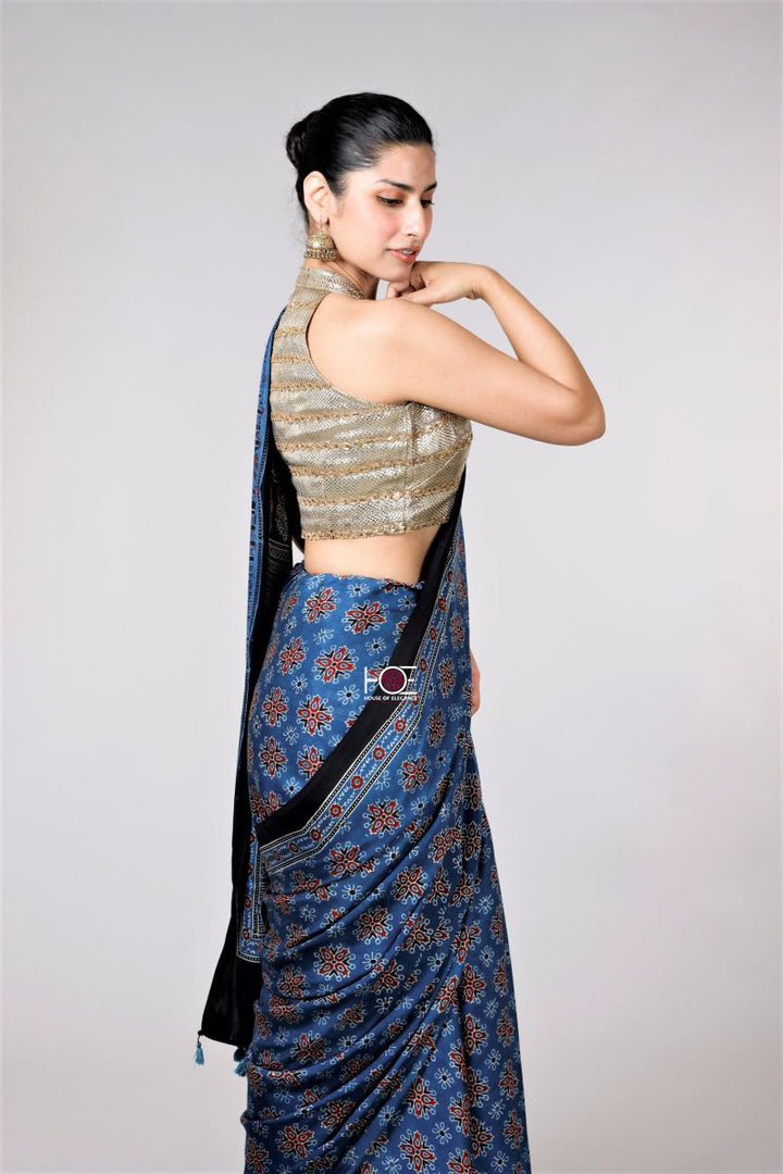 Blue Ajrakh Modal Silk Saree
