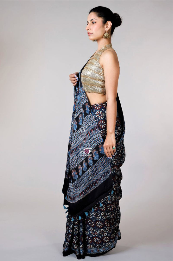 Black modal silk ajrakh sarees from bhuj
