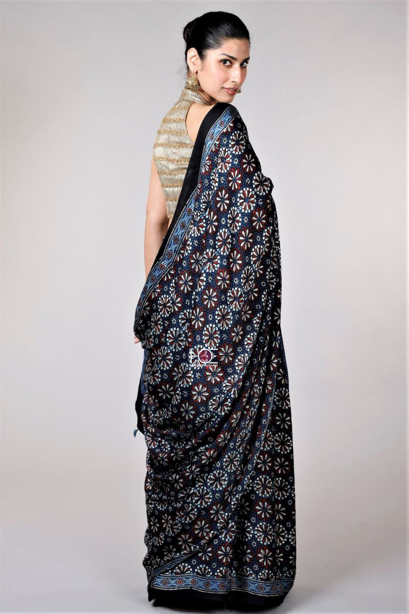 Black Blue ajrakh saree