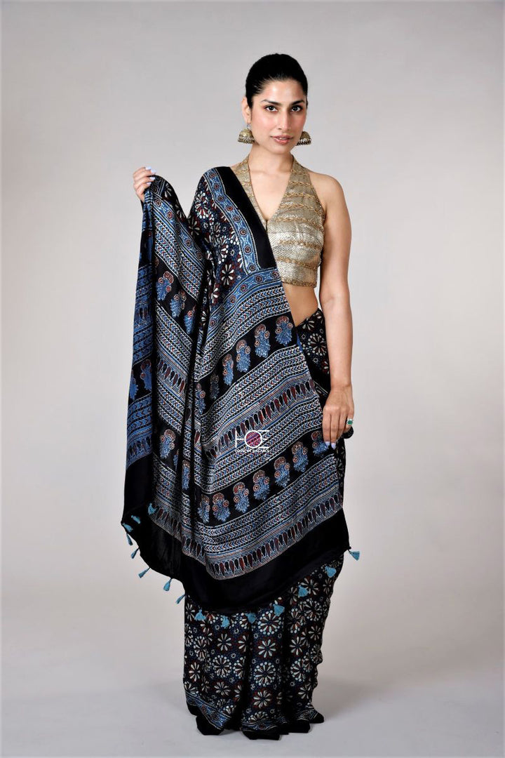 Black ajrakh printed modal silk sarees