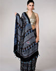 Black ajrakh printed modal silk sarees