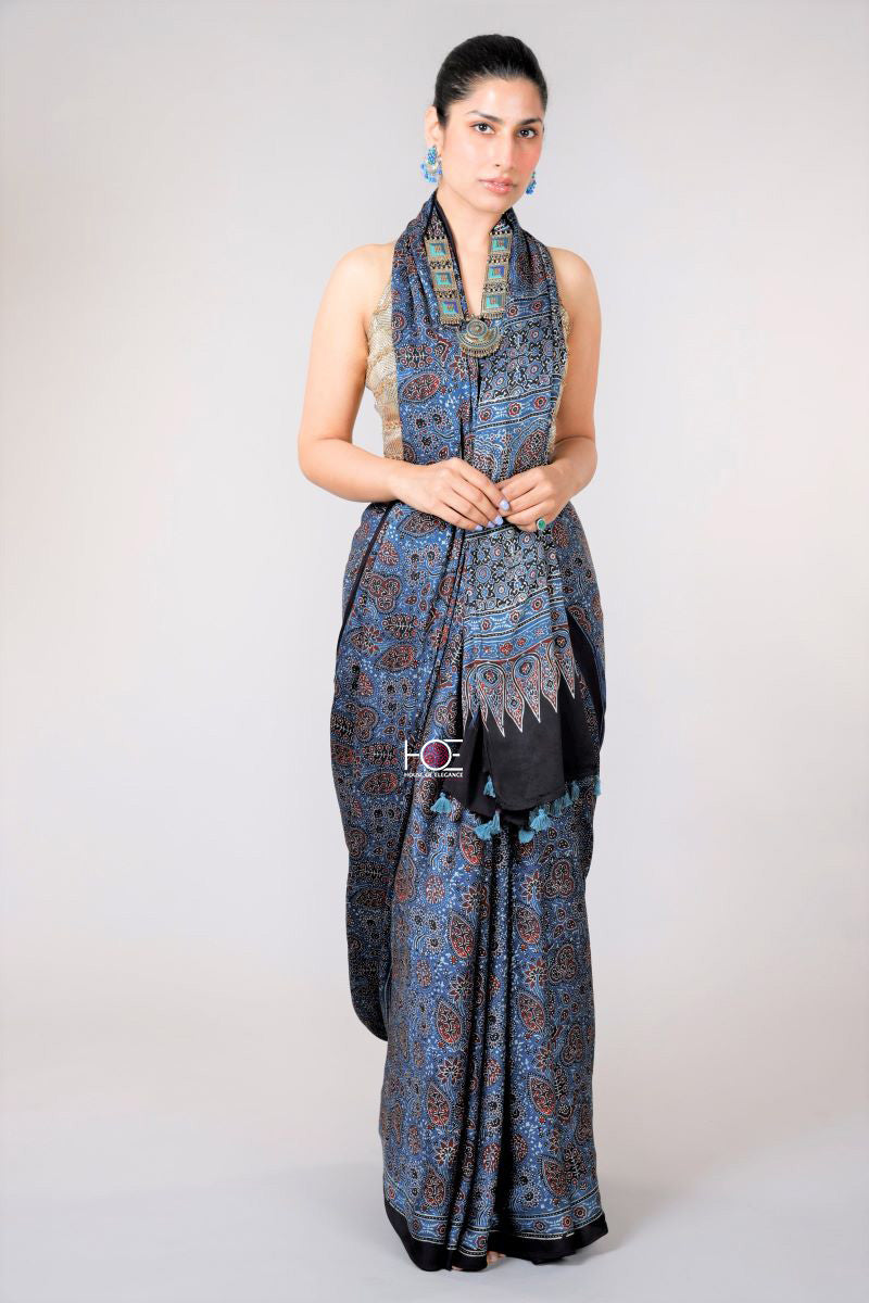 Blue Modal Silk Ajrakh Saree
