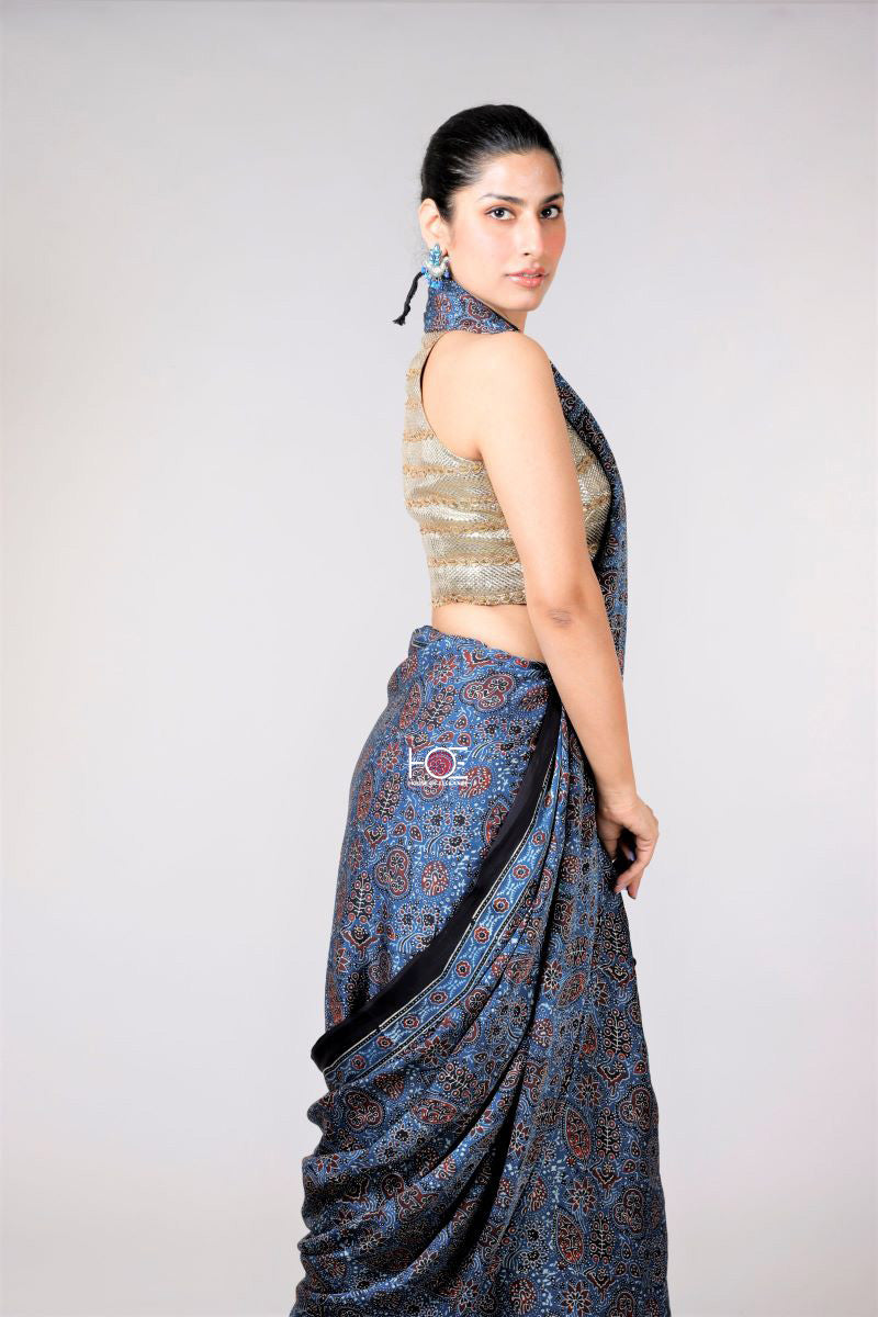 Blue silk saree ajrakh saree