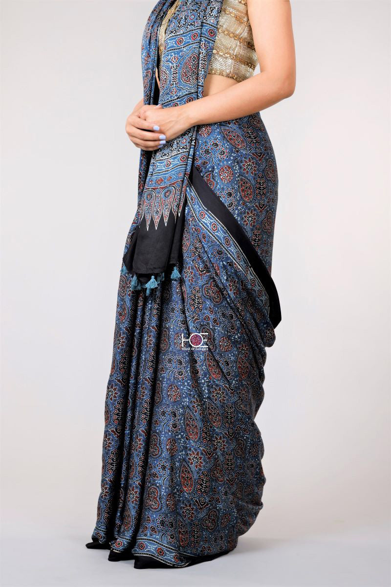 Blue Ajrakh Printed Modal Silk Saree