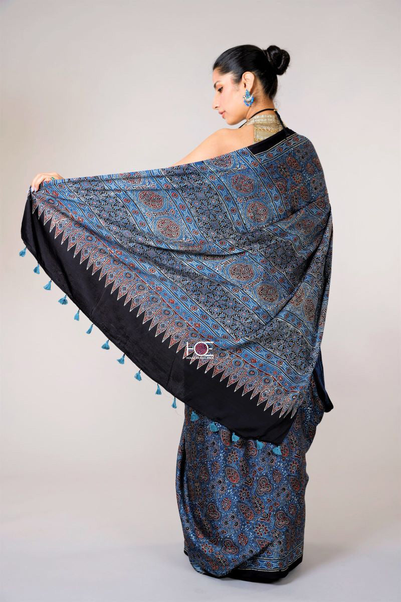 Blue Ajrakh Modal Silk Saree