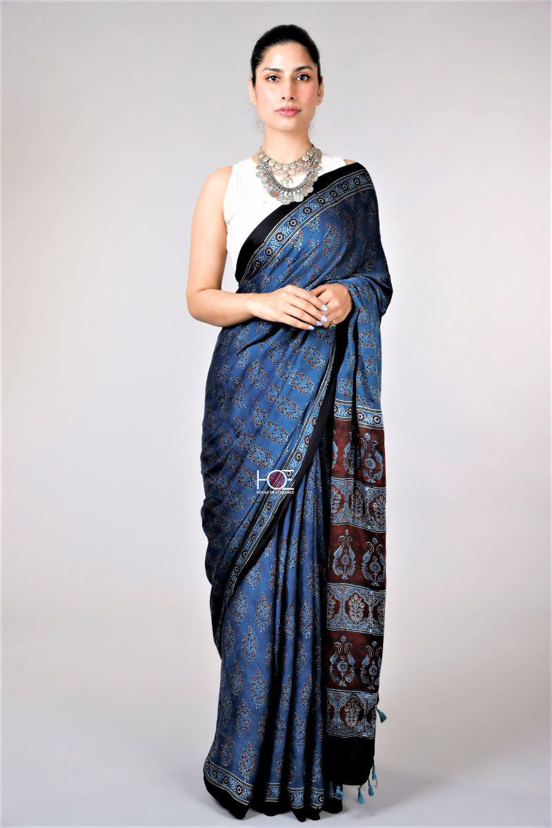 Indigo Ajrakh Modal Silk Saree Kutch Ajrakh Hand Block Print