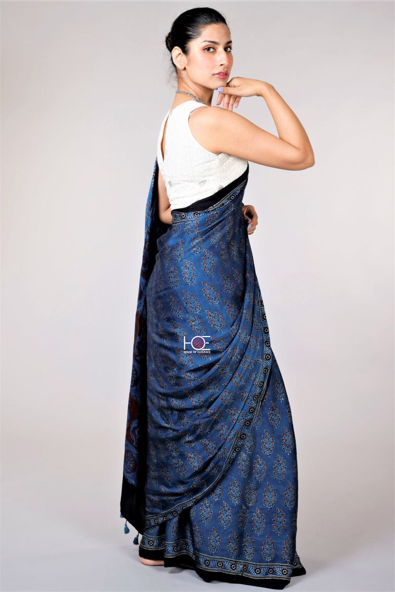 Indigo Ajrakh Modal Silk Saree Kutch Ajrakh Hand Block Print