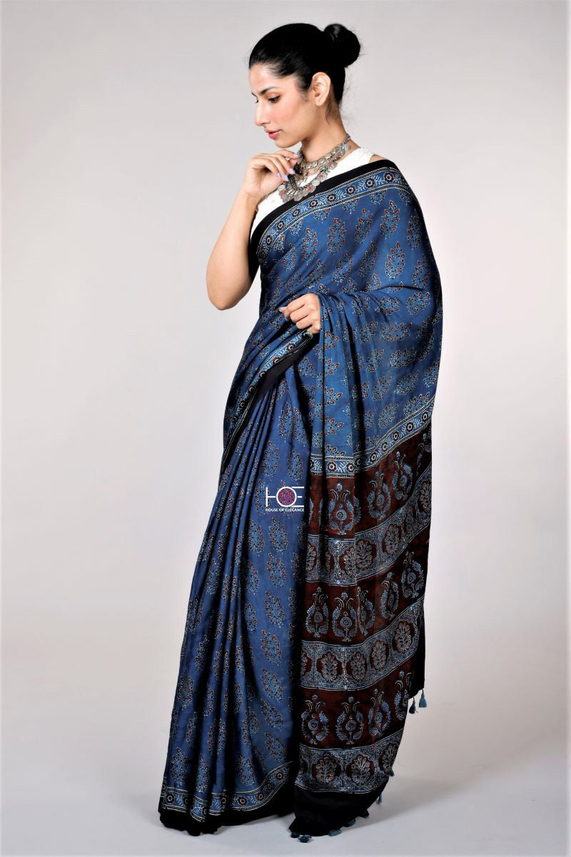 Indigo Ajrakh Modal Silk Saree Kutch Ajrakh Hand Block Print