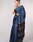 Indigo Ajrakh Modal Silk Saree Kutch Ajrakh Hand Block Print