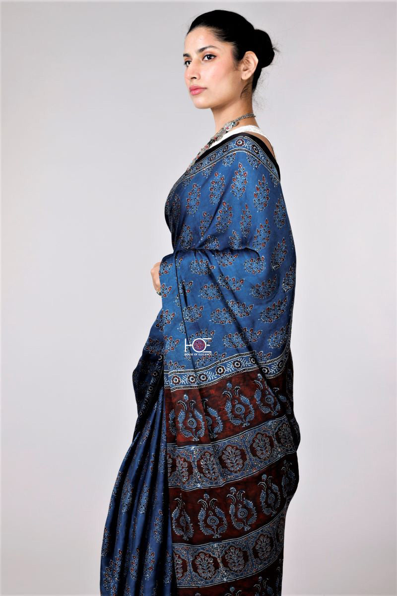 Indigo Ajrakh Modal Silk Saree Kutch Ajrakh Hand Block Print