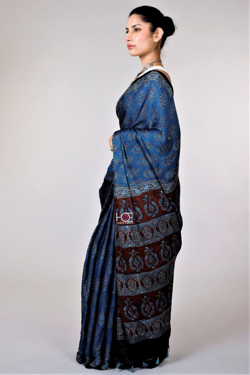 Indigo Ajrakh Modal Silk Saree Kutch Ajrakh Hand Block Print