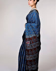 Indigo Ajrakh Modal Silk Saree Kutch Ajrakh Hand Block Print