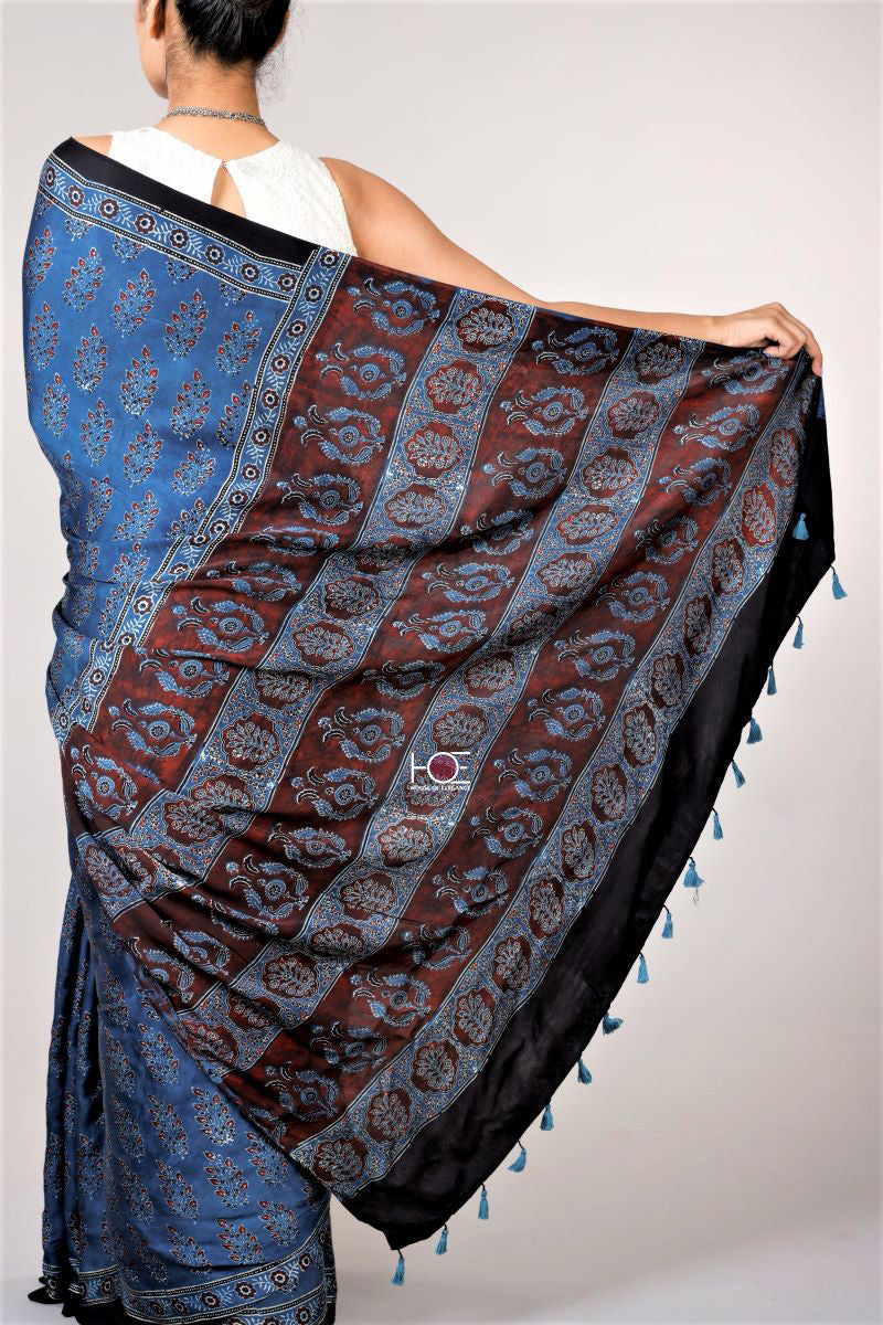 Indigo Ajrakh Modal Silk Saree Kutch Ajrakh Hand Block Print