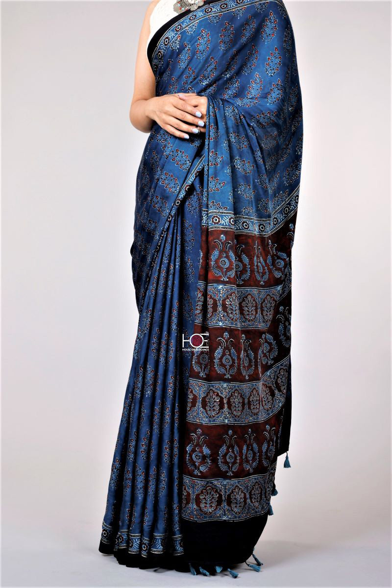 Indigo Ajrakh Modal Silk Saree Kutch Ajrakh Hand Block Print