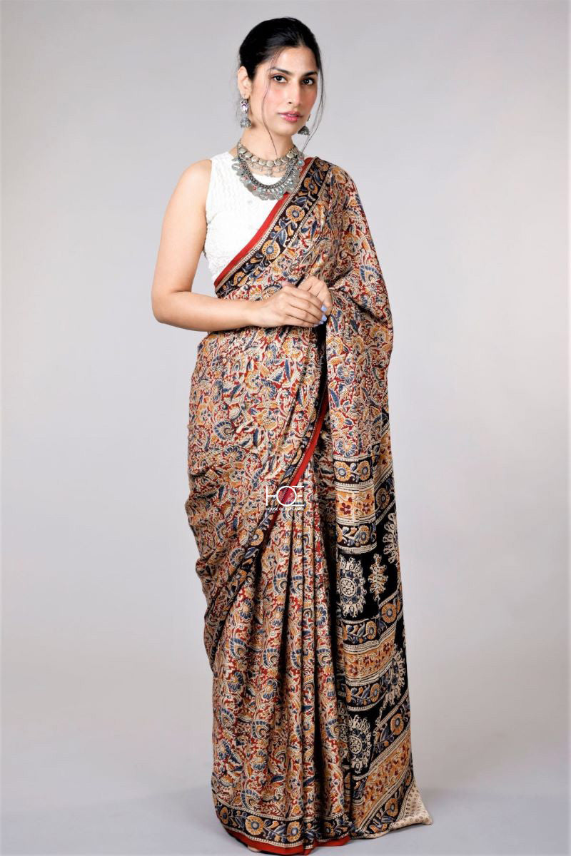 Red Kalamkari Hand Block Printed Modal Silk Saree - From Telangana