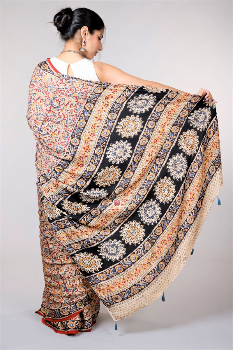 Red Kalamkari Hand Block Printed Modal Silk Saree - From Telangana