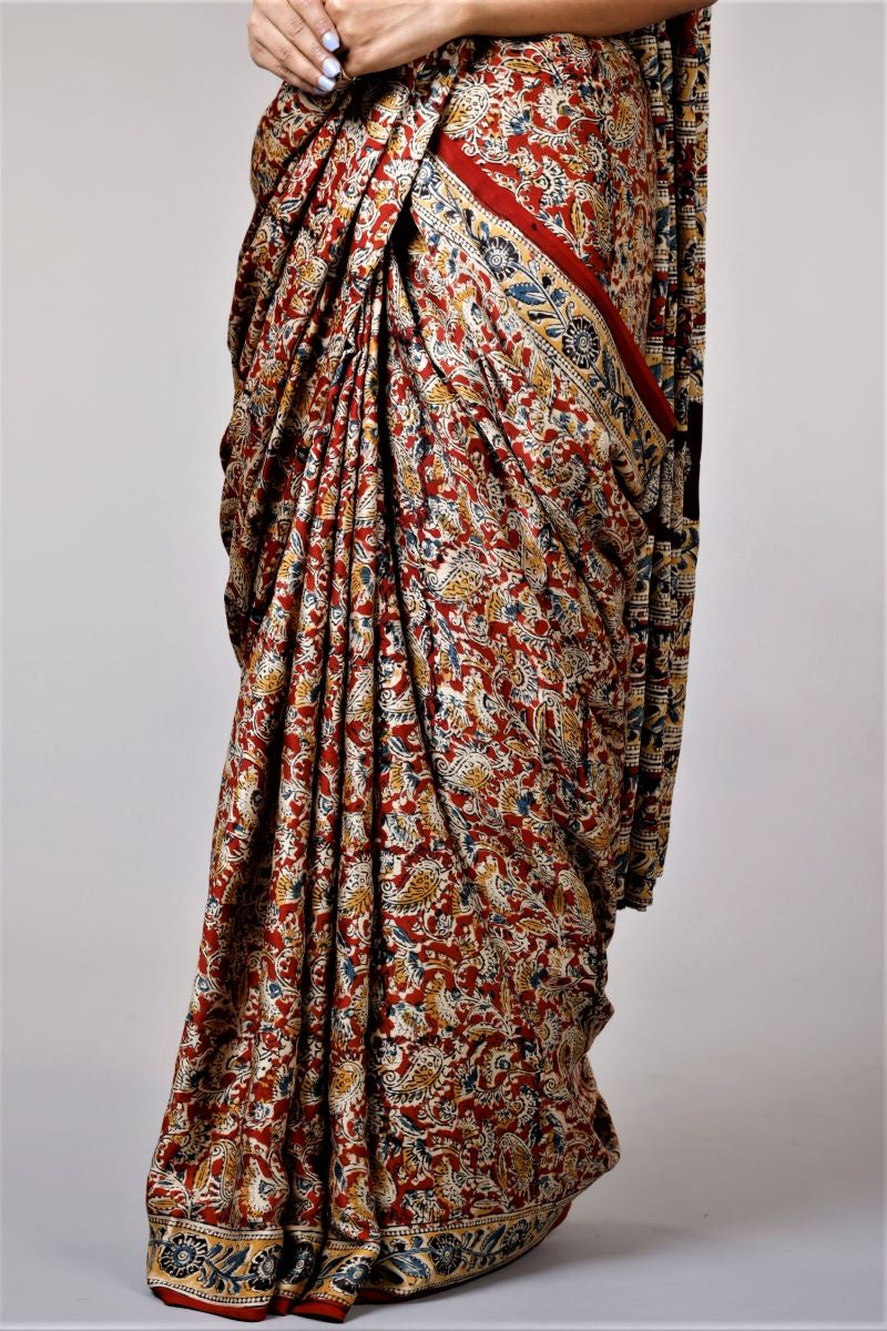 Crimson Red Paisley / Modal Silk | Kalamkari Saree - Handcrafted Home decor and Lifestyle Products