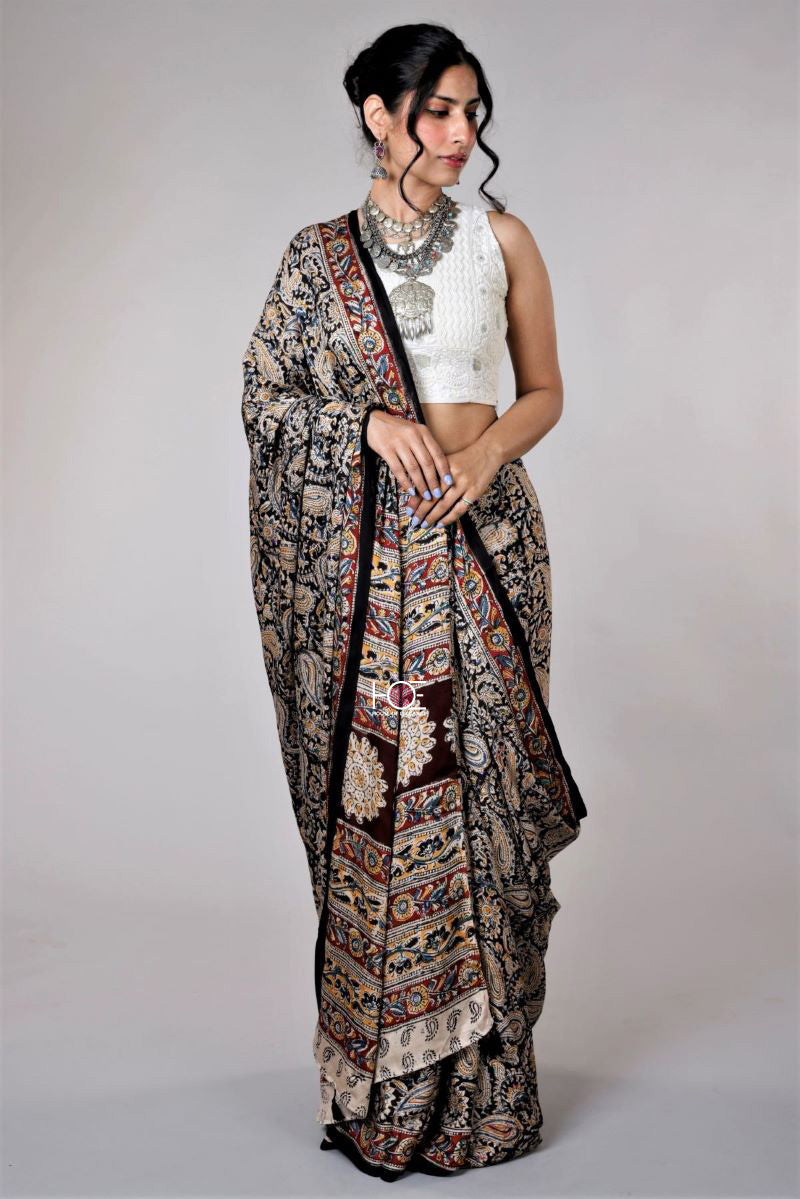 Kalamkari Hand Block Printed Modal Silk Saree - From Telangana