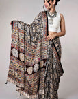 Kalamkari Hand Block Printed Modal Silk Saree - From Telangana