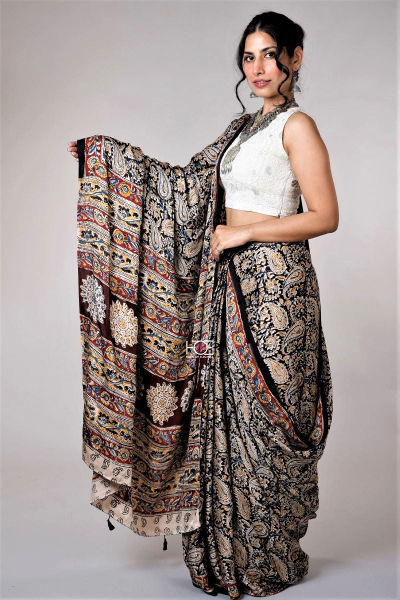 Kalamkari Hand Block Printed Modal Silk Saree - From Telangana