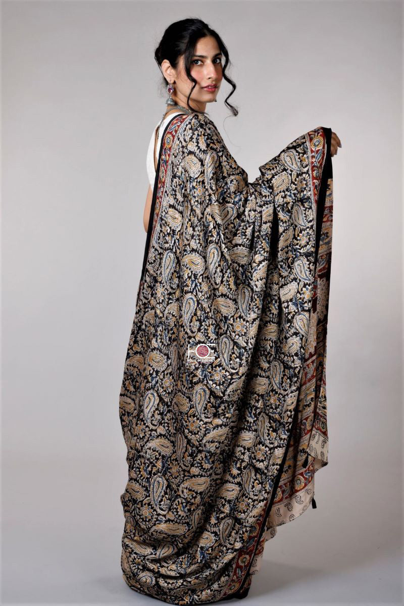 Kalamkari Hand Block Printed Modal Silk Saree - From Telangana