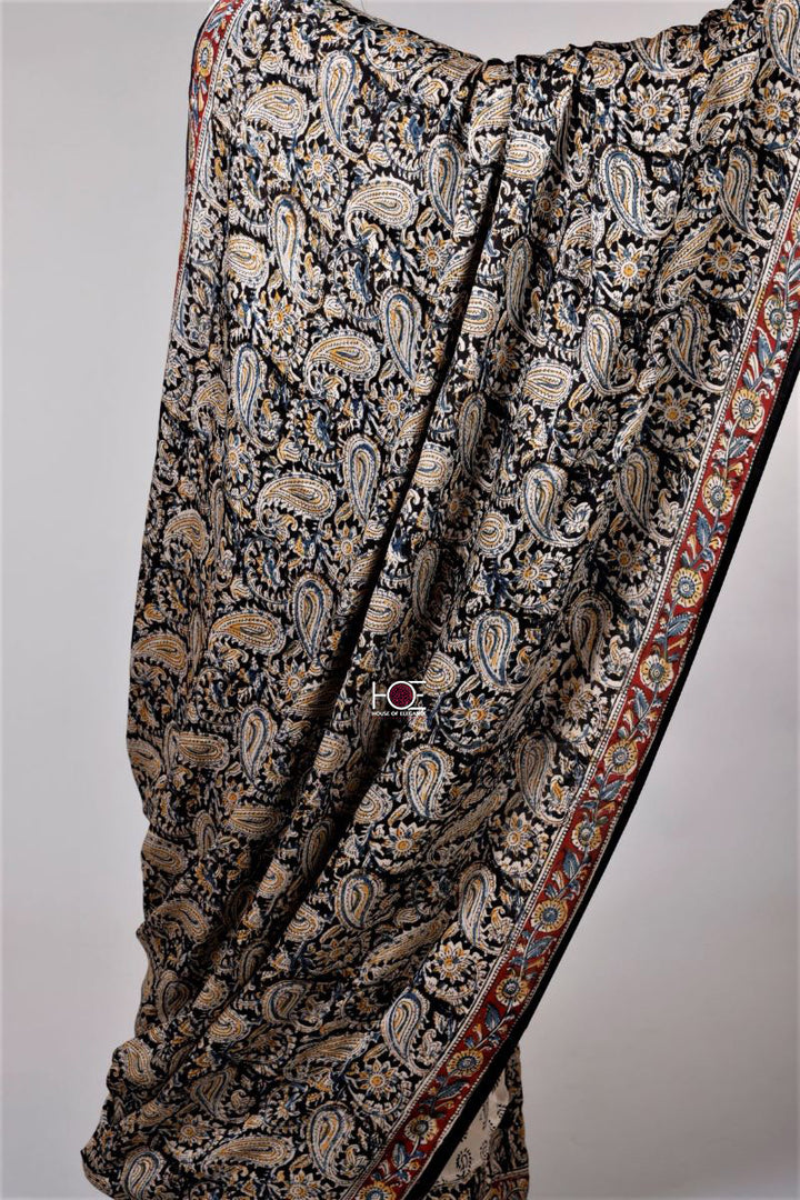 Kalamkari Hand Block Printed Modal Silk Saree - From Telangana