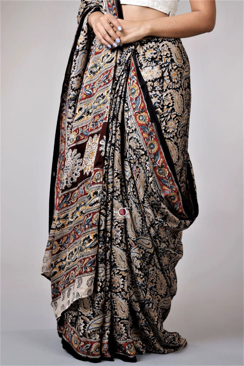 Kalamkari Hand Block Printed Modal Silk Saree - From Telangana