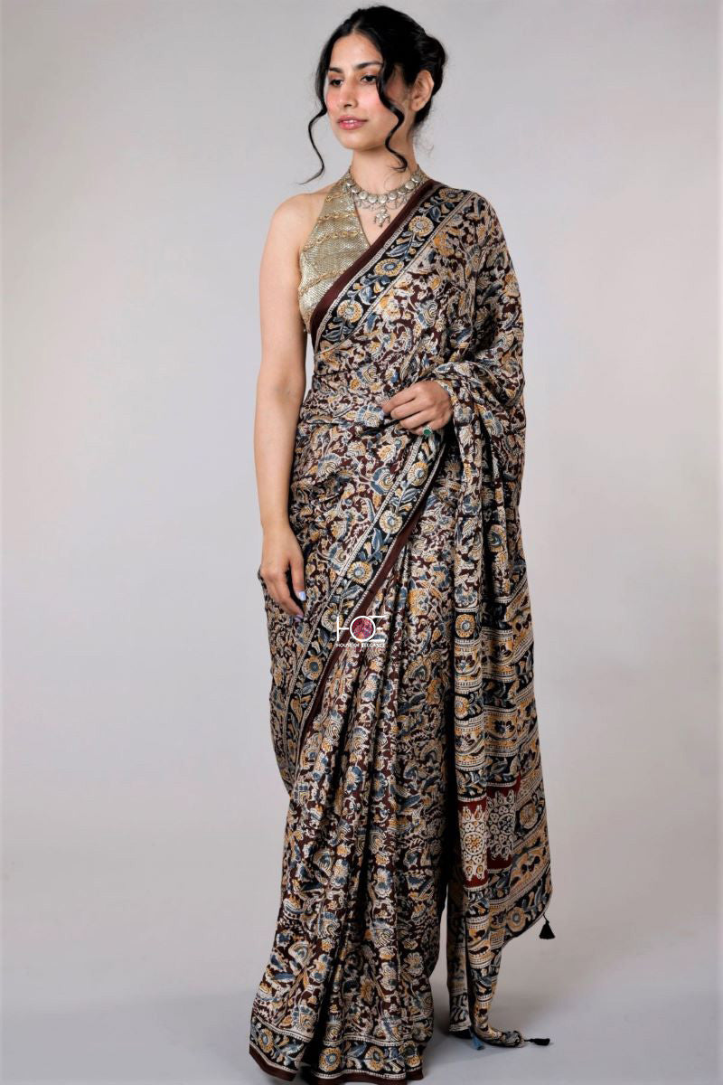 Kalamkari Hand Block Printed Saree - Modal Silk Saree