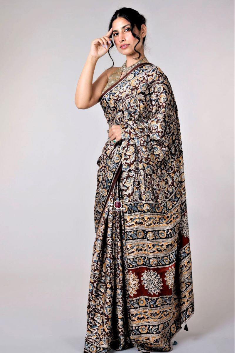 Kalamkari Hand Block Printed Saree - Modal Silk Saree