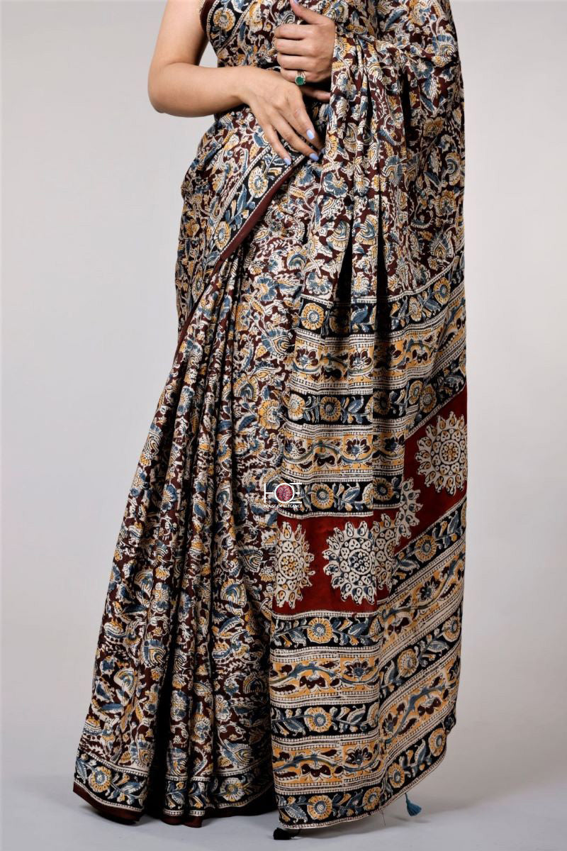 Kalamkari Hand Block Printed Saree - Modal Silk Saree