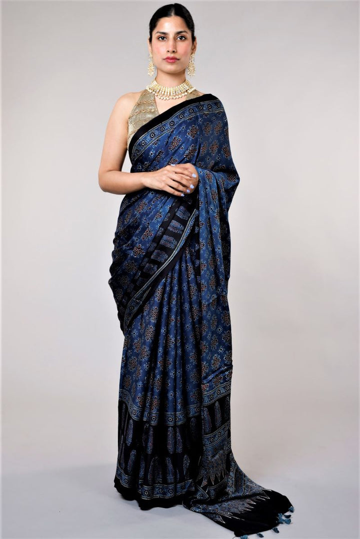 Ajrakh Modal Silk Sarees in Indigo Blue Black | Ajrakh Hand Block Print Sari With Blouse from Kutch | Resist Dyeing Technique Using Vegetable Dye