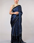 Ajrakh Modal Silk Sarees in Indigo Blue Black | Ajrakh Hand Block Print Sari With Blouse from Kutch | Resist Dyeing Technique Using Vegetable Dye