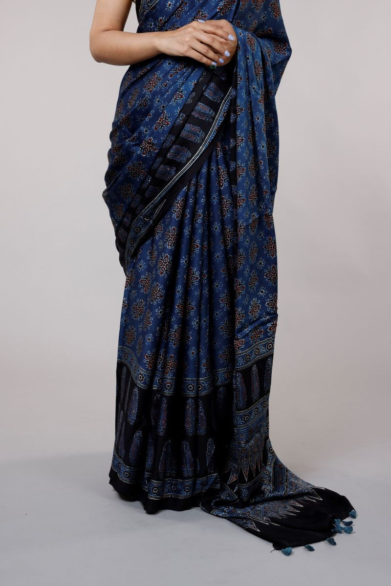 Ajrakh Modal Silk Sarees in Indigo Blue Black | Ajrakh Hand Block Print Sari With Blouse from Kutch | Resist Dyeing Technique Using Vegetable Dye