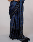 Ajrakh Modal Silk Sarees in Indigo Blue Black | Ajrakh Hand Block Print Sari With Blouse from Kutch | Resist Dyeing Technique Using Vegetable Dye