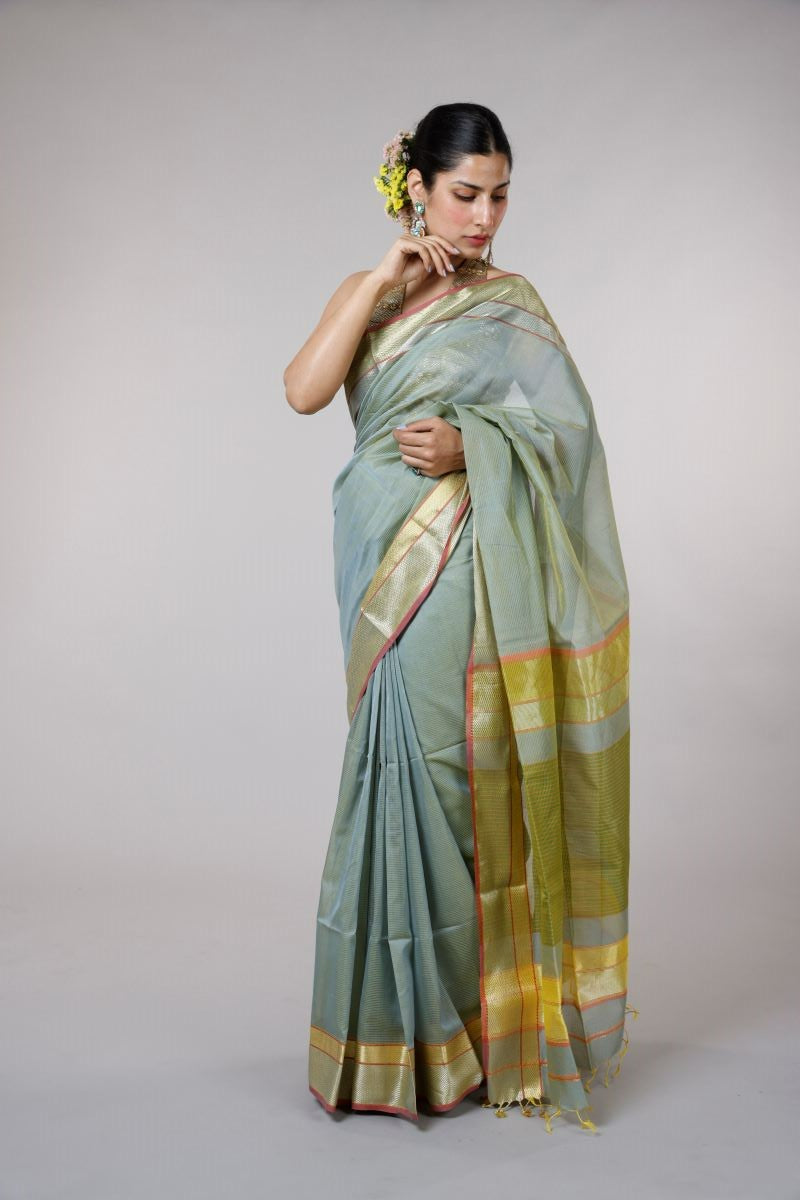 Pistachio Handloom Maheshwari Silk Cotton Saree: House Of Elegance