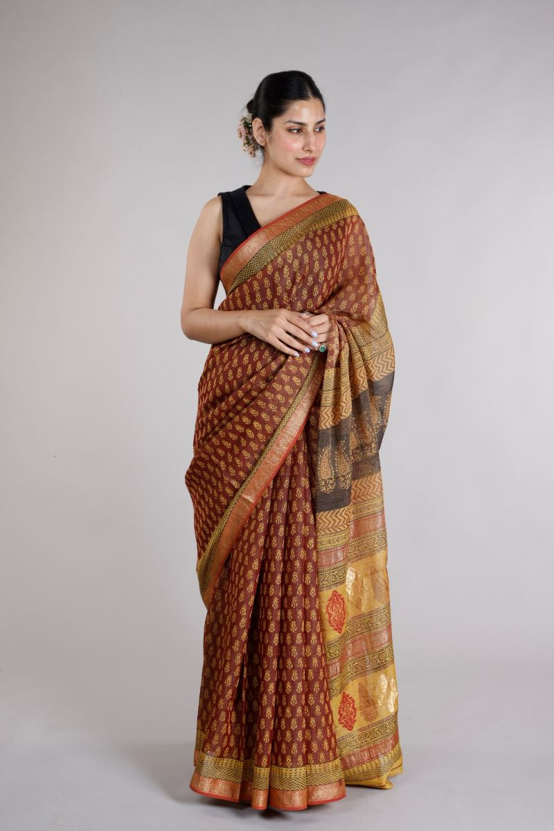 Bagh Print Tissue Silk Maheshwari Saree - House Of Elegance