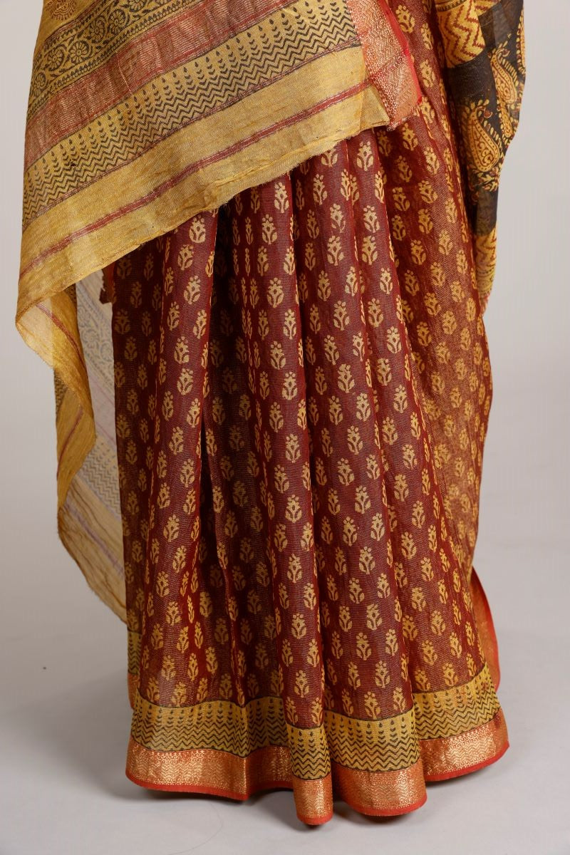 Bagh Print Tissue Silk Maheshwari Saree - House Of Elegance
