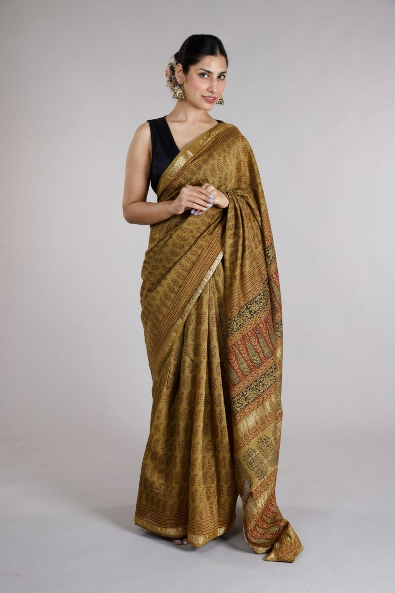 Buy Online Cotton Silk Maheshwari Saree Zari Border Bagh Hand Block Print Maheshwari Cotton Silk Saree Maheshwari SiCo Sarees Maheshwar Madhya Pradesh