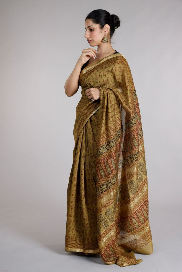 Buy Online Cotton Silk Maheshwari Saree Zari Border Bagh Hand Block Print Maheshwari Cotton Silk Saree Maheshwari SiCo Sarees Maheshwar Madhya Pradesh