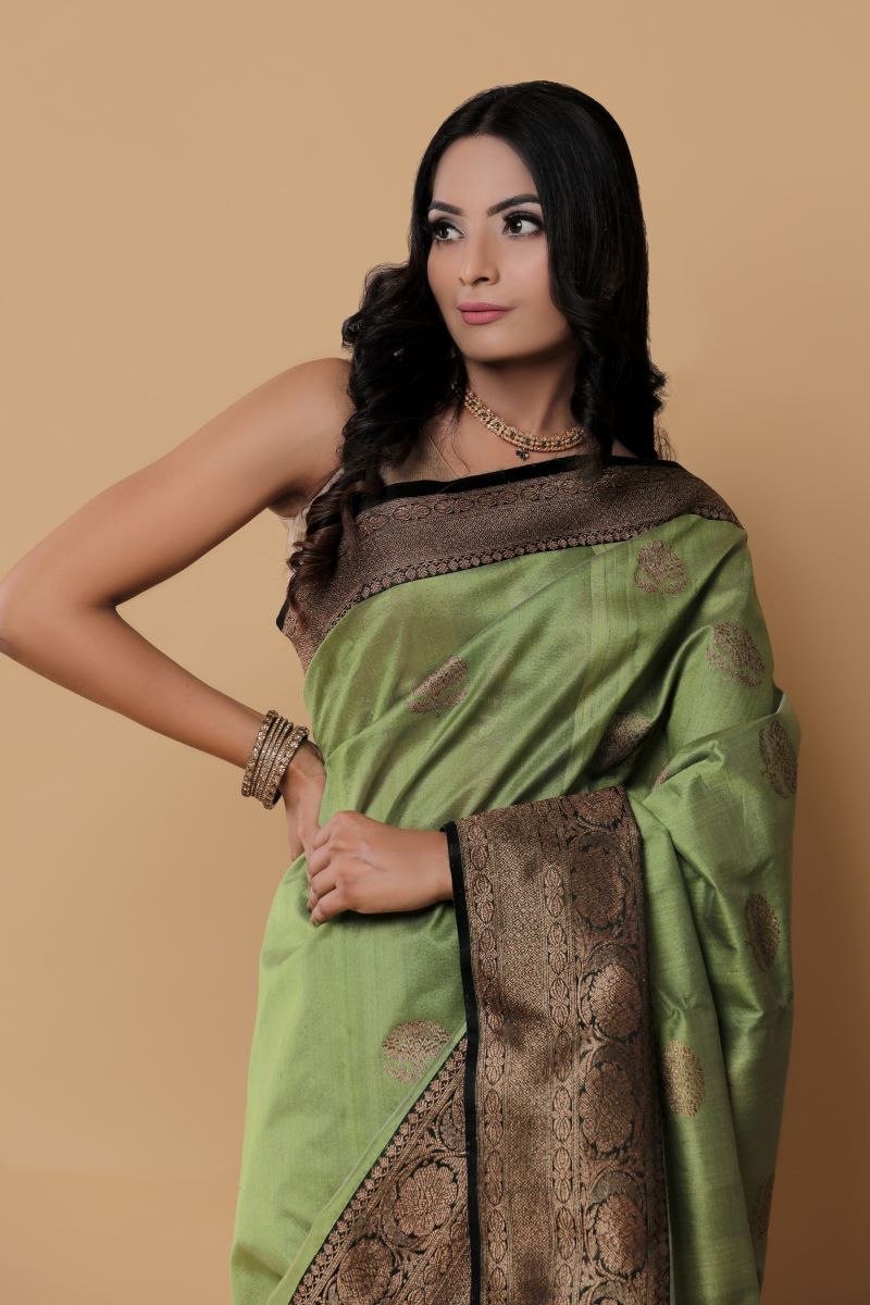Black Green Banarasi Tussar Silk Saree is among the Handloom Banarasi Silk Saree