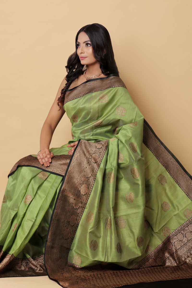 Black Green Banarasi Tussar Silk Saree is among the Handloom Banarasi Silk Saree