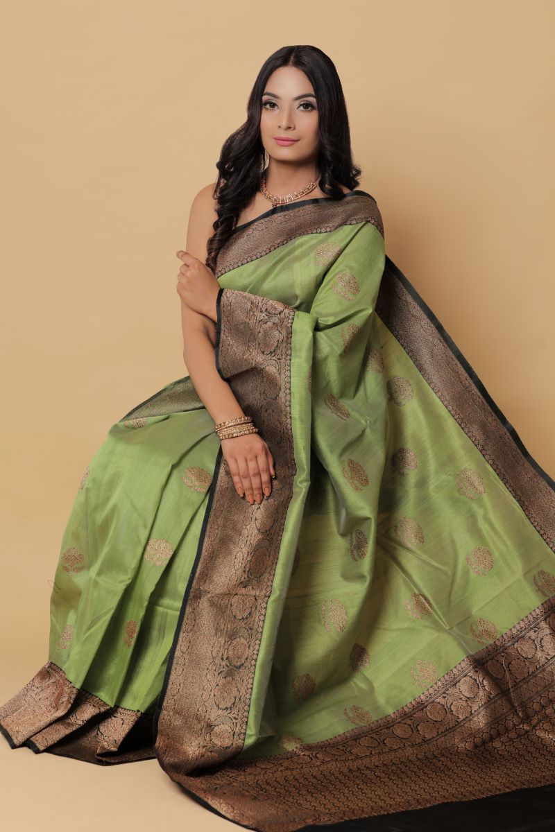 Black Green Banarasi Tussar Silk Saree is among the Handloom Banarasi Silk Saree