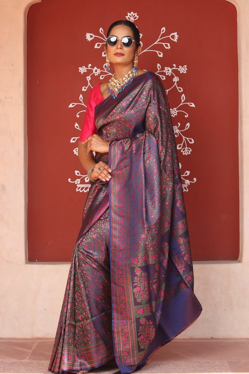 Blue Banarasi Jamawar Tanchoi Silk Saree