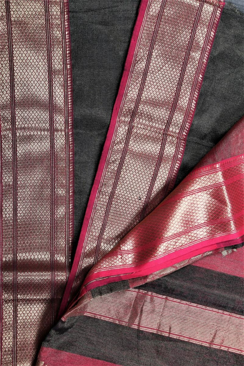 Black Magenta Tissue Silk Maheshwari Saree: House Of Elegance