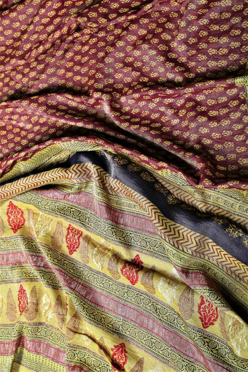 Bagh Print Tissue Silk Maheshwari Saree - House Of Elegance