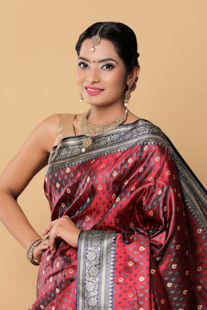 Deep Rose Banarasi Tanchoi Silk Saree