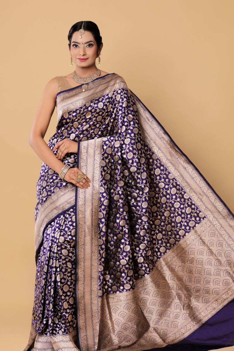 Blue Silver Banarasi Katan Silk Saree